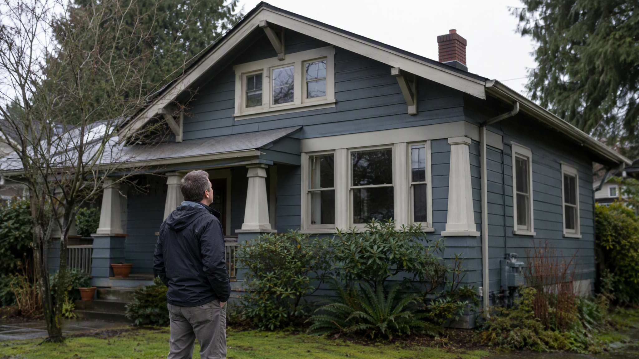 AI-generated illustration of a person observing the exterior of a Craftsman-style house with a covered porch and evergreens.